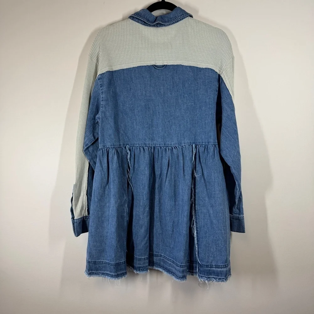 Free People Jean Tunic Dress Blue Beige Button Front Mixed Fabric Size XS - Picture 11 of 16
